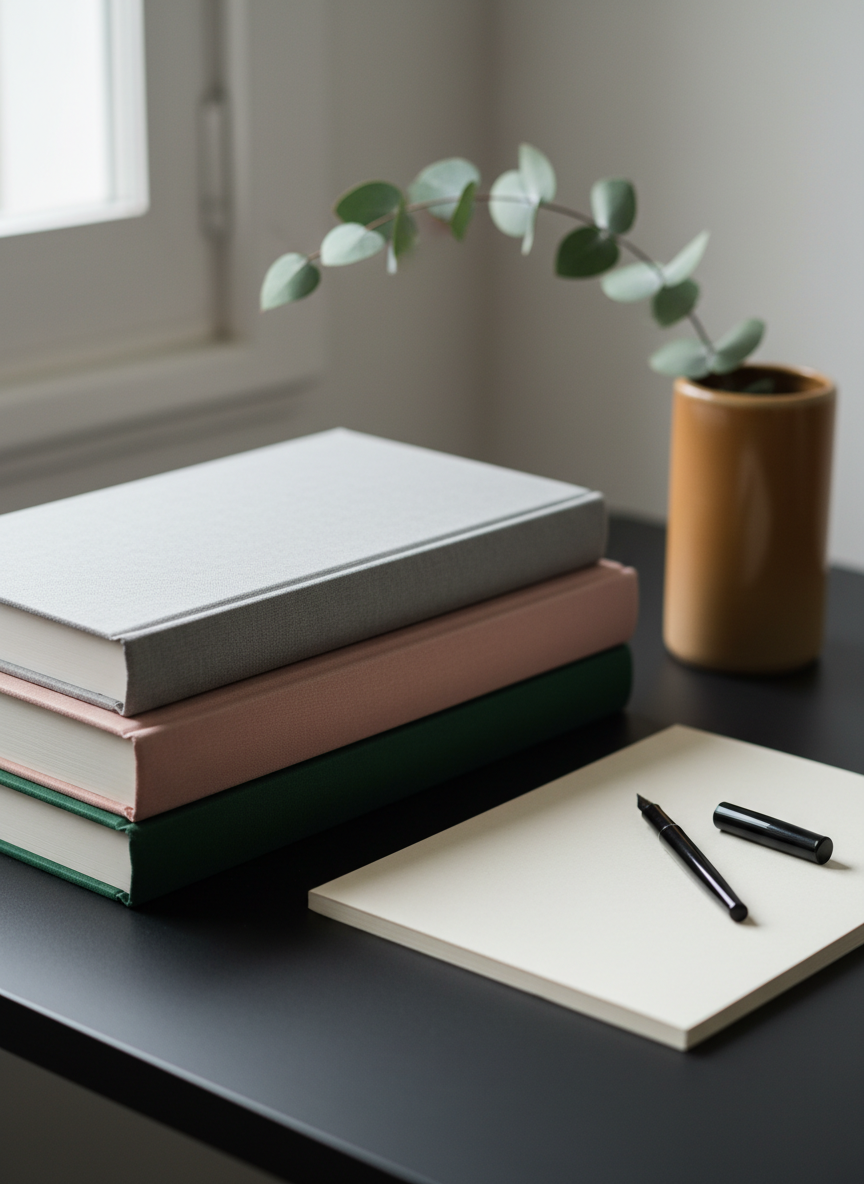 A neatly arranged stack of hardcover books with linen-textured covers in a subdued palette of dove gray, dusty rose, and deep forest green, positioned on a matte black desk. A minimalist notebook lies beside them, a fine-line fountain pen resting precisely across its spine. In the background, slightly out of focus, a simple ceramic vase holds a single eucalyptus branch, adding a quiet organic touch. Soft, overcast window light falls from the left, creating gentle gradients across the surfaces and barely-there shadows. Photographic realism with an eye-level composition and shallow depth of field, evoking a refined, introspective mood perfect for book review and literary analysis features.
