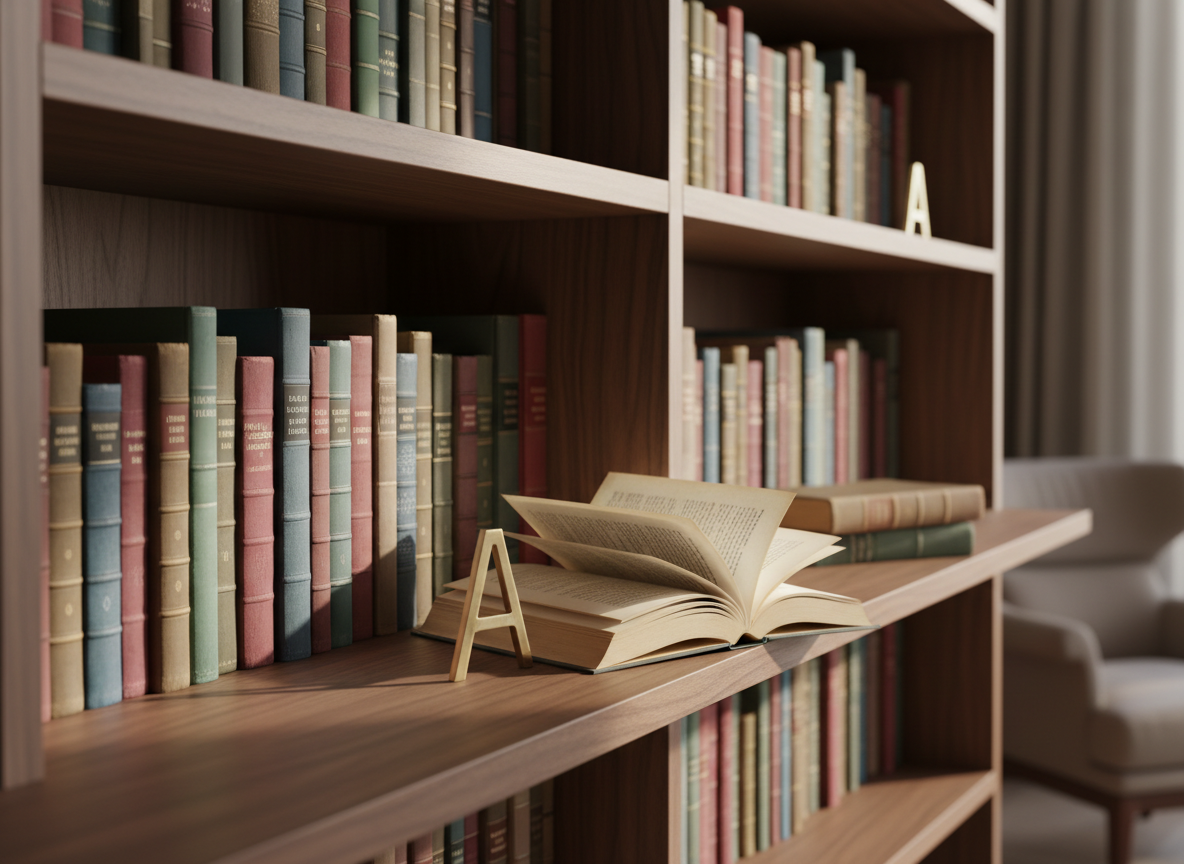 An elegant, floor-to-ceiling bookshelf filled with hardback novels in muted jewel tones, their cloth spines subtly textured and worn at the edges. In the foreground, a single open book rests on a smooth walnut shelf, its cream pages gently curved. The setting is a quiet reading nook with a soft, blurred background hinting at additional shelves and a minimalist brass bookend. Diffused afternoon light enters from an unseen window, casting delicate, elongated shadows and a soft gradient across the wood grain. Photographic realism with a sophisticated, minimalist composition using the rule of thirds and shallow depth of field, creating a calm, contemplative atmosphere ideal for a literary blog homepage.